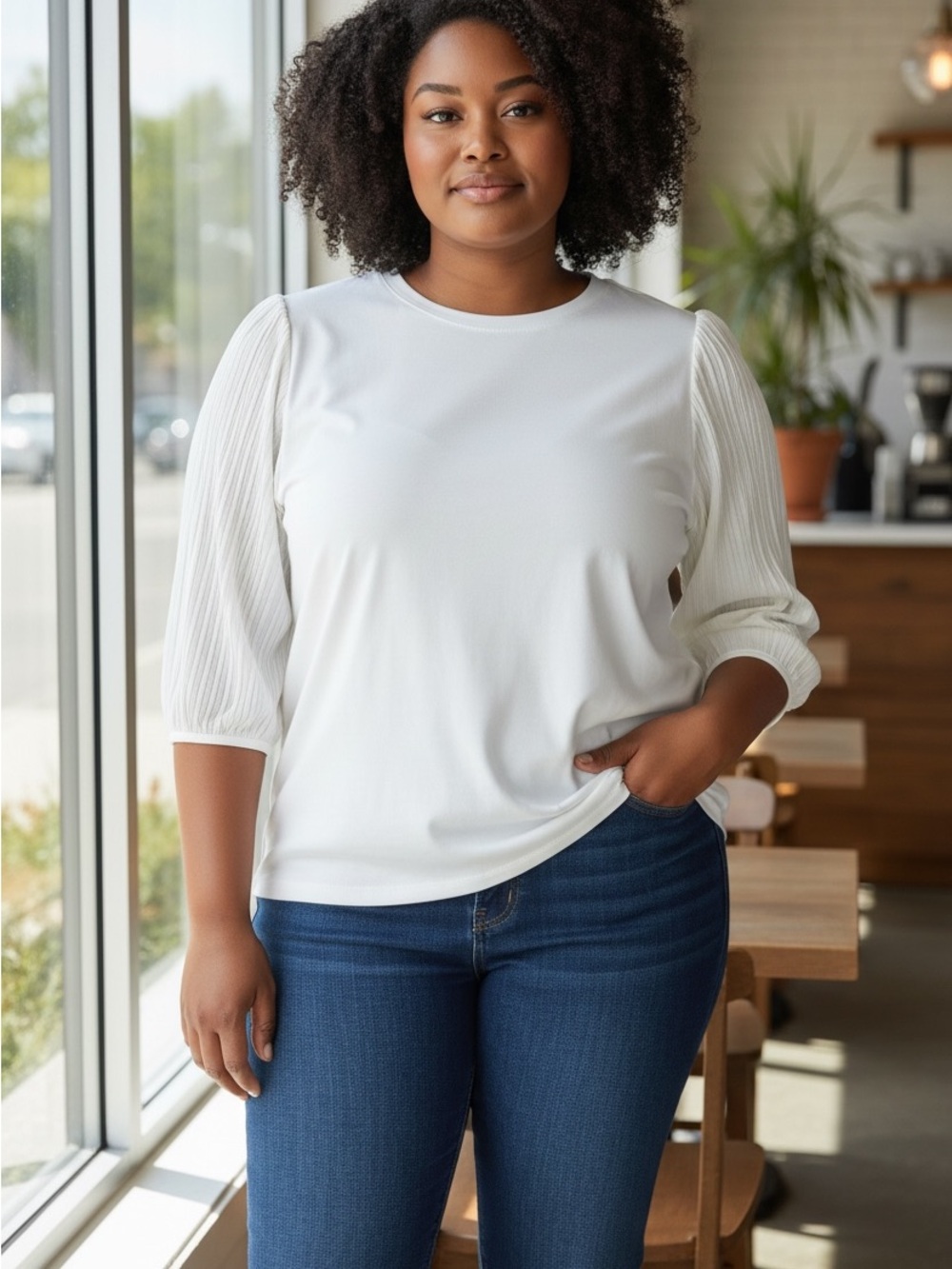 Jones New York Ivory Pleated-Sleeve Crewneck Top